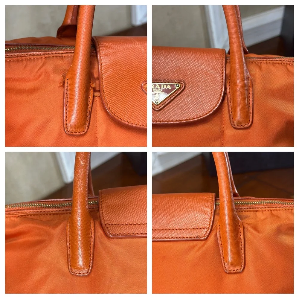 AUTHENTIC Prada Tessuto Nylon Saffiano Tote. Color: Papaya. - Picture 5 of 15